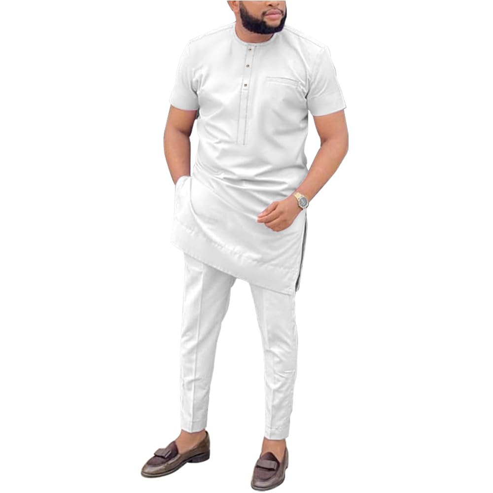 SEA&ALP African Men‘s Clothing Shirt Pant Two Piece Suit Short Sleeve Outfit Dashiki Tracksuit Attire
