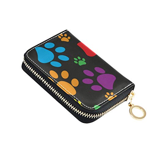 OTVEE Dog Paw Print RFID Credit Card Wallet, Microfiber Leather Zipper Card Case Holder for Women