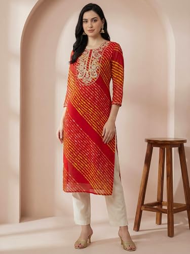 Image of INDO ERA Women's Georgette Leheriya Printed Straight Calf Length Kurtas (IEAI12232)