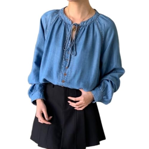 Women's Denim Pullover Puff Long Sleeve Tie Front Loose Cute Going Out Jean Shirts