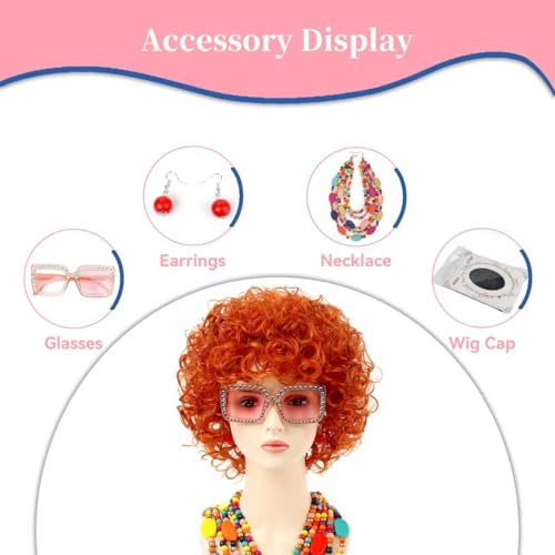 Image of Women Roper Curly Orange Red Cosplay Wig with Necklace Earrings and Sunglasses for Women Hallween Costume Wig