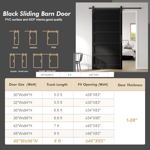 Image of Fredbeck 48x96 Black Barn Door with 8FT Hardware Kit,Sliding Interior Doors