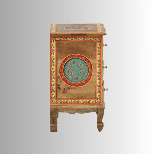 Image of Wooden Bedside Table for Bedroom with Drawer | Solid Wood Nightstand, Hand Painted Bed Side Table | Medium Size Storage Cabinet for Living Room, Multicolour-BS5