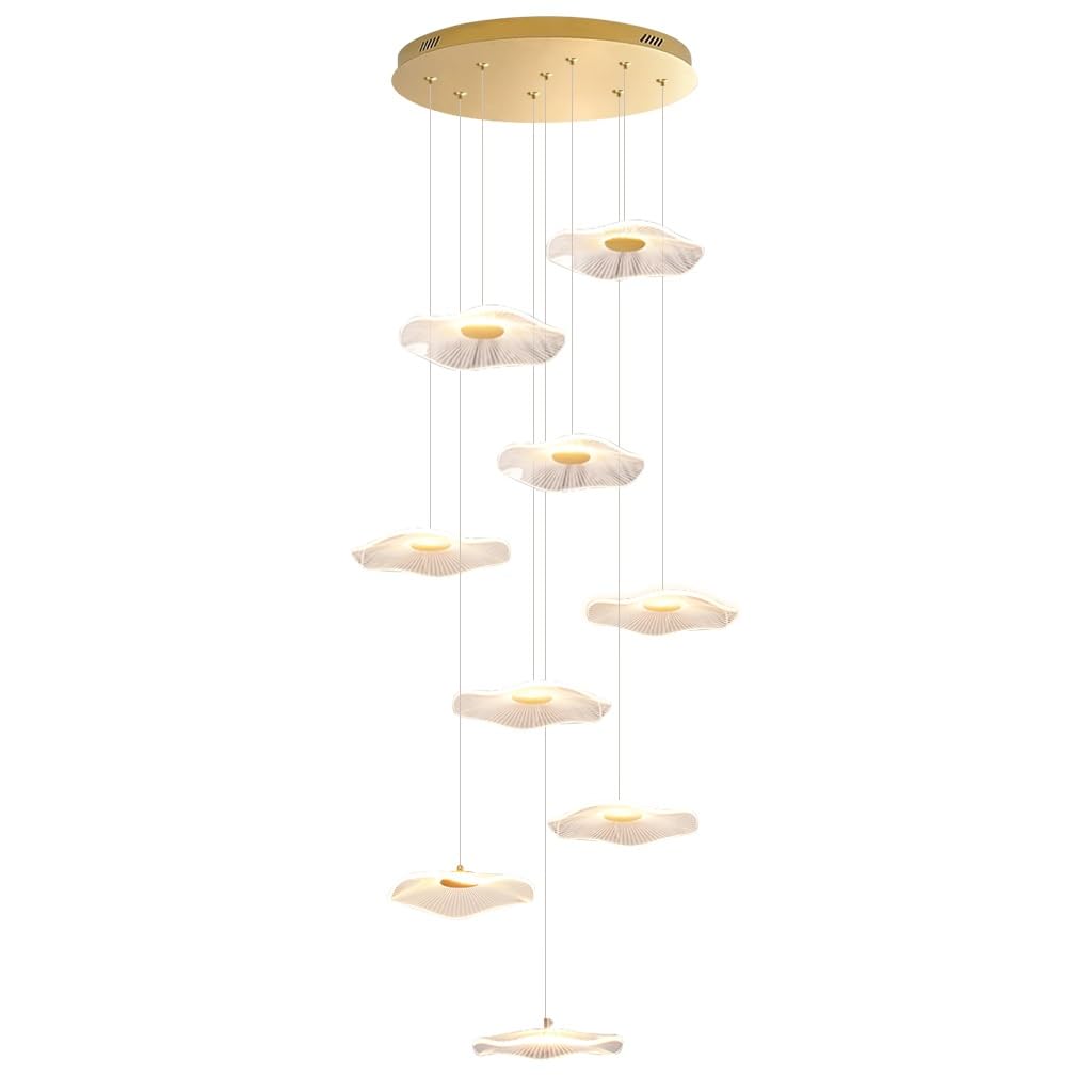 Lámpara Colgante Moderna En Forma De Hoja De Loto Dorada 12 Luces LED con Mando 3000K-6500K Altura Ajustable para Escaleras Villas Y Comedor Araña De Cristal En Aluminio Y Acrílico(9 Lights)