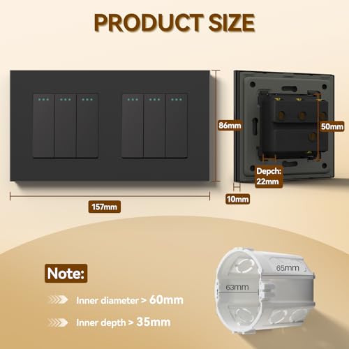 BSEED Doppel Lichtschalter Glas 3-Fach 2-Wege-Glasscheibe Schalter 157 * 86mm Wandlichtschalter Schwarz