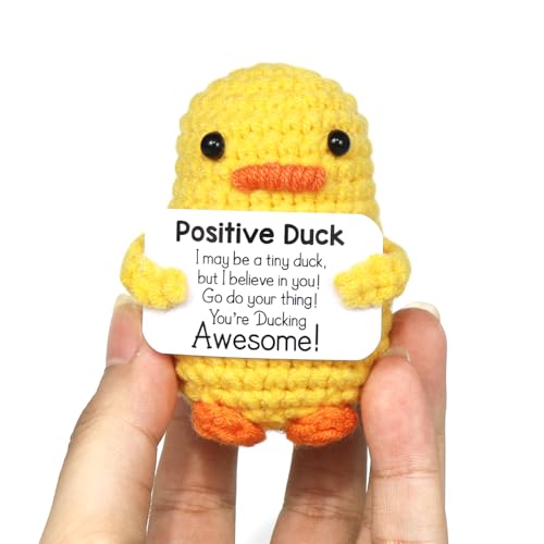 Positive Duck Puppe, Pocket Hug Mini Plush, Duck Spielzeug mit Aufmunterung Karte, Kreative Strickwolle Duck-Häkelpuppe, Geschenk für Freunde Geburtstags Weihnachten Abschieds Motivations