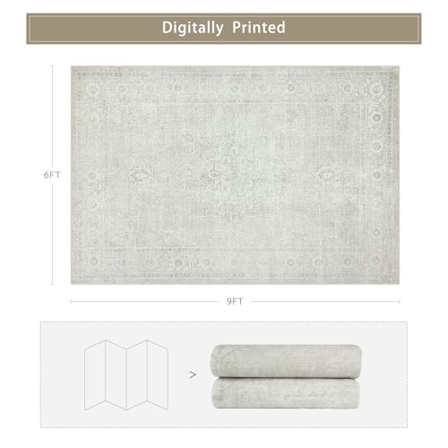 Washable Rugs 6x9 Area Rugs for Living Room,Bedroom,Large Carpets,Ultra Soft Faux Wool Retro Dining Room Rug,Non Slip&Non-Shedding Low Pile Vintage Rugs for Home Office,Concrete Grey