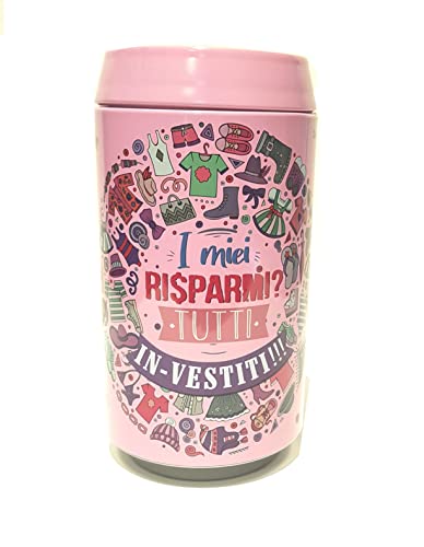 ✔️Dimensione 20 x 10 cm Salvadanaio in Latta Biembi Portamonete Fantasia Rosa -I Miei Risparmi? Tutti In-vestiti - Dimensione 20 x 10 cm