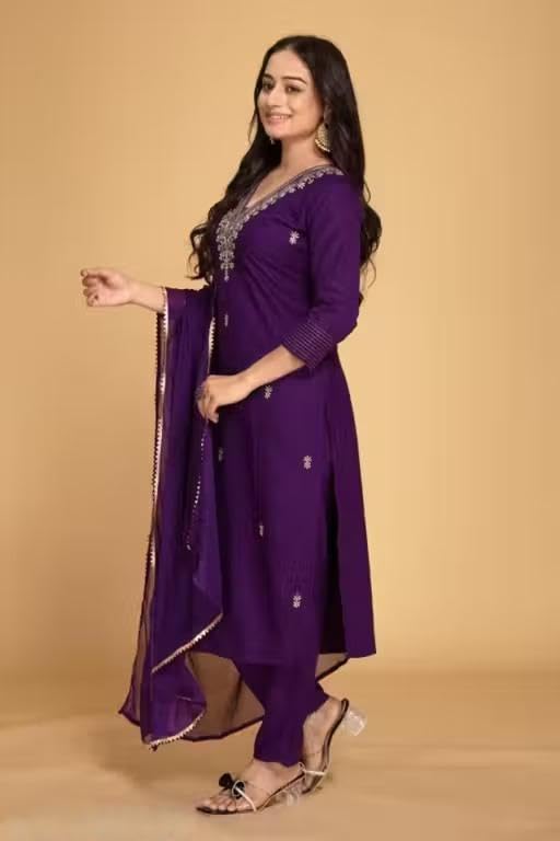 Image of Women's Cotton Blend Embroidered A-Line Kurta Set with Trousers and Silk Dupatta, Purple, Round Neck, 3 /4 Sleeve, Calf Length, Traditional Style