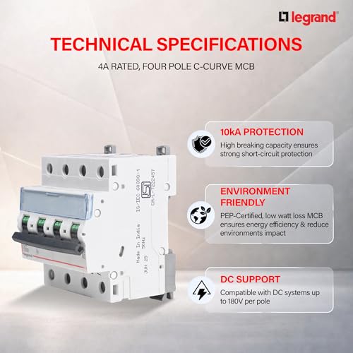 Image of Legrand DX 1A Four Pole MCB C Curve 10kA | 3-Phase + Neutral Miniature Circuit Breaker | ISI Marked IS /IEC 60898-1 | Overload & Short Circuit Protection for Industrial & Commercial Use