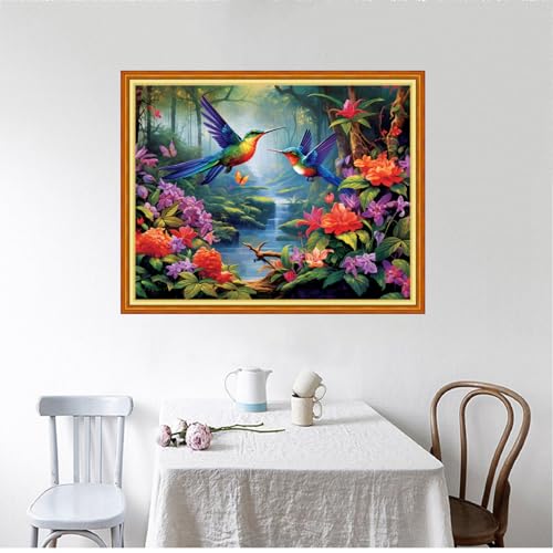 Image of Foxhool Beginners Cross Stitch Kits Stamped Full Range of Embroidery Kits for Adults DIY Cross Stitches kit Embroidery Patterns for Needlepoint kit-Hummingbird Scenery 16x20 inch
