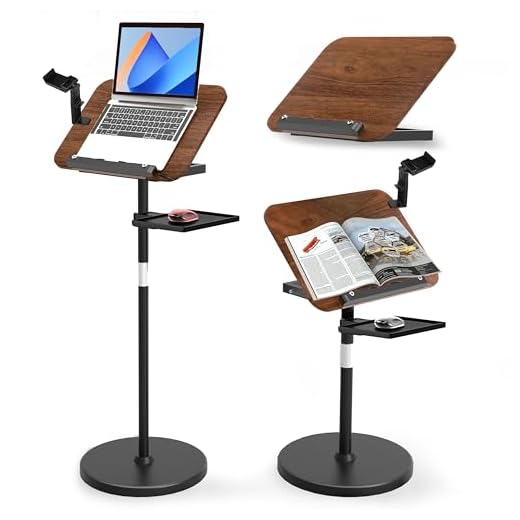 Atril ajustable 2 en 1 para lectura, doble uso, para escritorio y suelo, con bandeja y clips elásticos para partituras, recetas, tabletas y portátiles, altura ajustable de 23,5 a 52 pulgadas (Nogal)