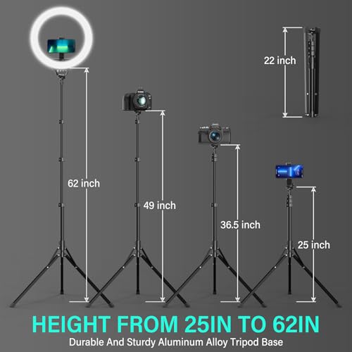 Image of UBeesize 14'' LED Foldable Ring Light with 62'' Tripod Stand, Selfie Ring Light for Video Recording, Live Streaming, TikTok & YouTube, Compatible with iPhone & Android (Black)