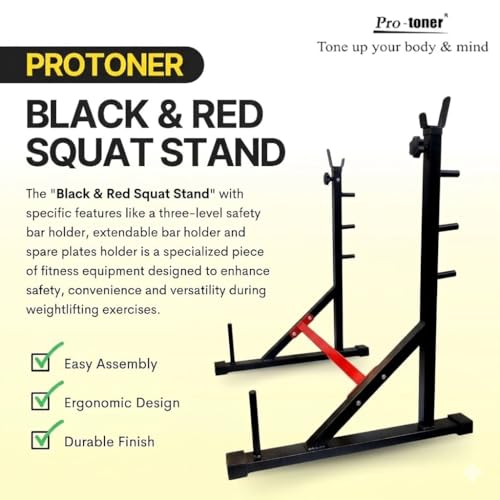 Image of Protoner Joint Squat Stand with Safety Holders, Heavy Duty Metal Frame, Adjustable Height, for Squats and Bench Presslue (Black & Red)