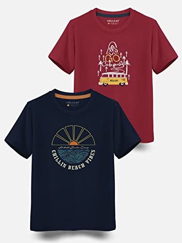 Image of HELLCAT Trendy Typographic Printed Cotton Blend Half Sleeve T-Shirt for Boys - Pack of 2