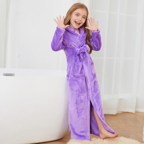 Jxstar Girls Bathrobes Kids Long Hooded Robes Plush Full Length Coral Fleece Pajamas Sleepwear4