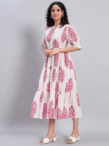 Image of PIDAVLIYA'S Women's Floral Summer Maxi Dress I Cotton Printed I One Piece Bodycon Midi Dress with V-Neck, Puffed Sleeves