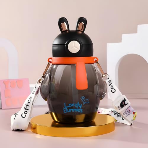 Image of Baybee Lovely Bunnies Kids Water Bottle 600ml | BPA Free & Leakproof Safe Sipper Bottle with Straw | Cute Rabbit Design Smooth Sipping with Handle & Neck Strap,Flip Lid for School Kids & Babys (Black)