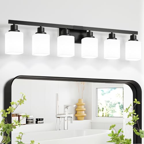 Image of 6 Light Bathroom Vanity Light, Modern Matte Black Bathroom Light Fixtures with Square Frosted Glass, Wall Sconces fixtures Over Mirror Restroom,Living Room Hallway E26