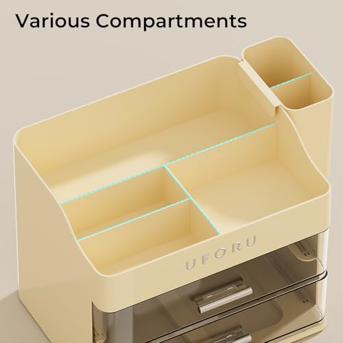 Image of UFORU Makeup Organizer for Vanity with Brush Holder, Countertop Skincare Organizer with 2 Drawers, Spacious Cosmetic Display Case for Perfumes, Eyeshadow Palettes, Nail Polishes