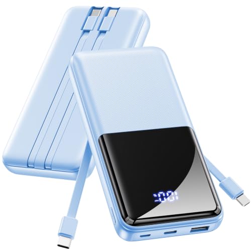 Image of Portable Charger Power Bank - Slim 15000mAh 50% Larger Capacity Battery Pack, USB C 22.5W Fast Charging Powerbank with Built-in Cable, Travel Essential Phone Charger for iPhone Android, Glacier blue
