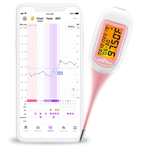 Easy@Home Thermomètre basal bluetooth suivi d'ovulation contrôle du cycle avec Premom APP Française (iOS et Android),1/100e de degré, thermomètre avec TBC Sync et rétroéclairage LCD-rose