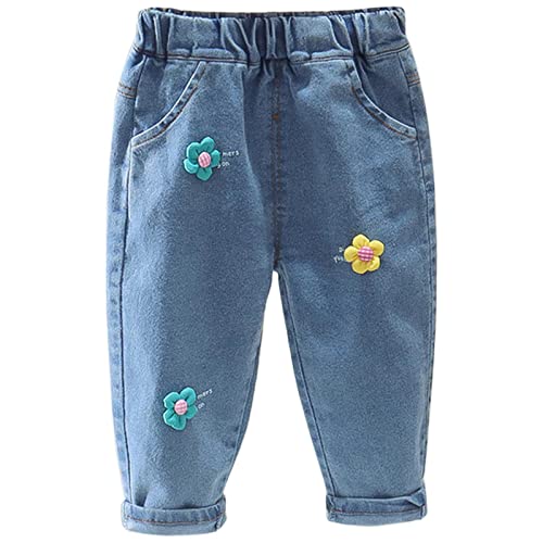 Toddler Baby Girl Baggy Jeans Pull on Denim Pants Flower Print Elastic Waist Trousers Stretch Toddler Fall Clothes