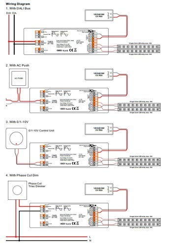 SR-2303P (4in1) DALI LED Controller 1-Kanal 20A 12-36V DC Dimmer Decoder Steuerbar mit Dali-Bus AC PushDIM 0/1-10V oder Triac Dimmer Steuergerät für einfarbige LED Streifen