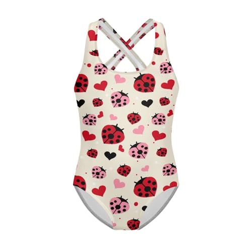Jndtueit Einteiliger Badeanzug für Mädchen, Bademode, Kinder-Badeanzug, Red Ladybug Love, 9-10 Years