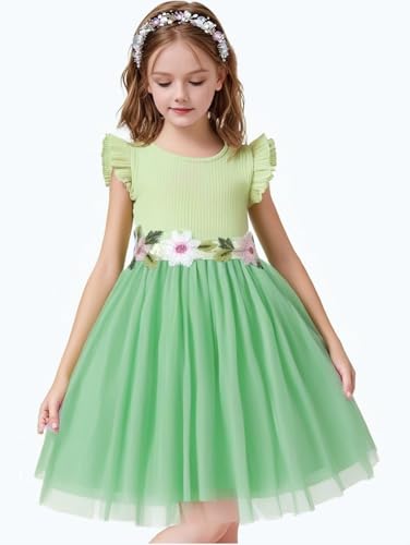 Image of HILEELANG Little Flower Girl Tulle Tutu Dress Easter Cotton Ribbed Birthday Wedding Party Princess Dresses