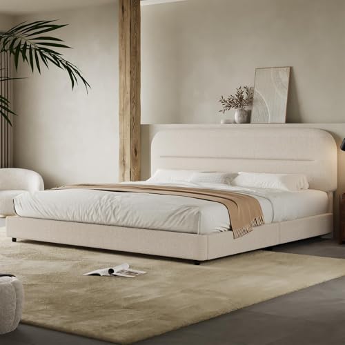 HOMBCK King Size Bed Frame, Upholstered Boucle Bed Frame King with Headboard, Soft Cloud Bed Frames with Thickened Footboard, Rounded Corners, No Box Spring Required, Easy Assembly, Cream