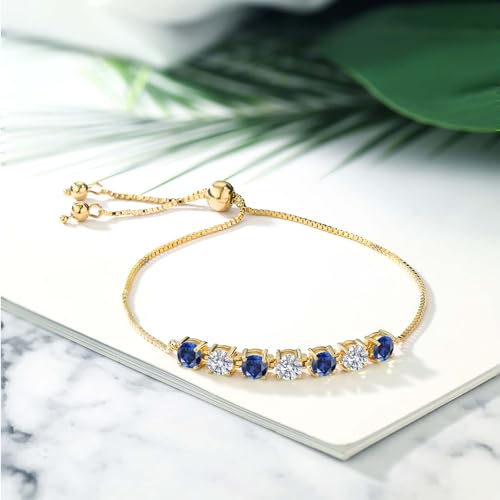 Gem Stone King 7-Stone Tennis Bracelet For Women | Gemstone Birthstone and White Lab Grown Diamond | 18K Yellow Gold Plated Silver | Round 4.5MM | Adjustable Bolo Bracelet For Women3