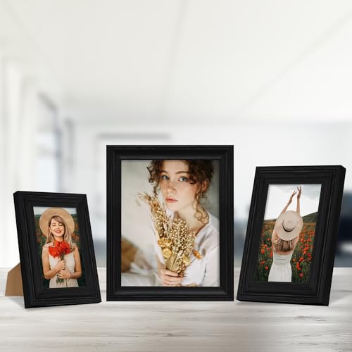 Image of iRahmen 4x6 Picture Frame Set of 4, Black Rustic Retro Photo Frame with Real Glass, Wood Farmhouse Style 4 x 6 Picture Frames for Wall Mount and Tabletop Display