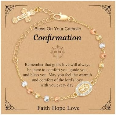 Women's Gold Rosary Beads Bracelet - 14K Gold Plated Virgin Mary Jesus Cross Bracelets,Catholic Crucifix Charm Link Jewelry,Dainty Virgen de Guadalupe Religious Gift for Confirmation First Communion
