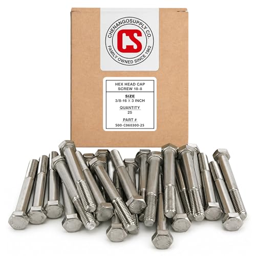 Image of Chenango Supply 3 /8-16 x 3 Stainless Steel Hex Head Bolts - 304 Stainless, USS Coarse Thread, 100,000-125,000 PSI Tensile Strength, Corrosion-Resistant Hardware Bolts, (25 Pieces, 3 /8-16 x 3)