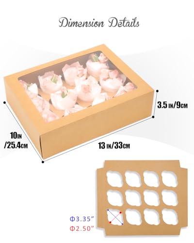 Image of Bakepacker Auto-pop Up Cupcake Boxes with Window Brown 40PCS 12 Count Cupcake Box 13 inchx10 inchx3.5 inch Cupcakes Carrier, 12 Cupcake Containers with 2 rolls of pink ribbons