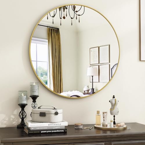Image of VooBang Gold Round Bathroom Mirror, 20 inch Circle Wall Mounted Hanging Mirror with Simple Modern Circular Metal Frame for Hallway, Entryway, Living Room, Gold Frame