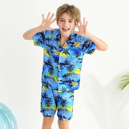 Image of Weixinbuy Boys Summer Outfits Short Sleeve Hawaiian Shirt and Shorts Vacation Set for Kids Summer Clothes Set