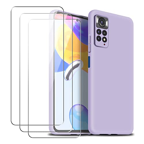 Funda para Xiaomi Redmi Note 11 Pro 4G / 5G con Tres Cristal Templado Protector de Pantalla, Púrpura Suave Líquido Silicona Protectora Carcasa para Redmi Note 11 Pro 4G / 5G 6,67" Cover