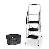 Step Ladder, Folding 3-Step Safety Step Ladder Padded Side Handrails Attachable Tool Pouch, 330lbs Capacity (Renewed)