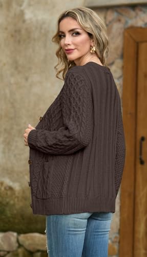 GRECERELLE Women 2025 Fall Long Sleeve Cable Knit Sweater Button Open Front Cardigan Loose Outerwear Coat with Pockets3