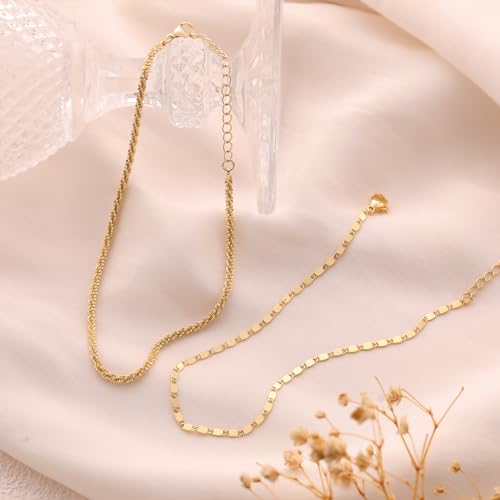 CHESKY Gold Ankle Bracelets for Women, 14k Gold Plated/Sterling Silver Anklet Bracelet Set Layered Glitter Box Paperclip Figaro Cuban Link Anklets for Women, Waterproof Summer Gold Jewelry Gifts