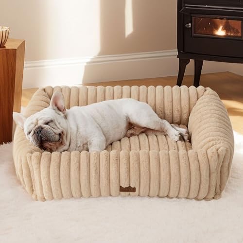 Image of Bedsure ComfyFleece Cute Dog Bed Medium Large Size Dog,30in Sandy Beige | Furry Puppy Beds,Square Washable Orthopedic Corduroy Aesthetic Pet Beds,Removable Zipper Cover,Non-Slip Bottom,Up to 40 Lbs