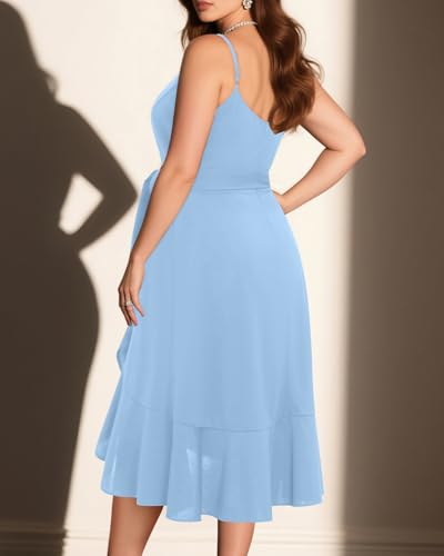 Image of Pinup Fashion Plus Size Cocktail Party Wedding Guest Semi Formal Midi Dress | Sexy V-neck, adjustable spaghetti strap, belted waist, fit and flare, flowy high-low ruffle hem, ideal for prom, homecoming