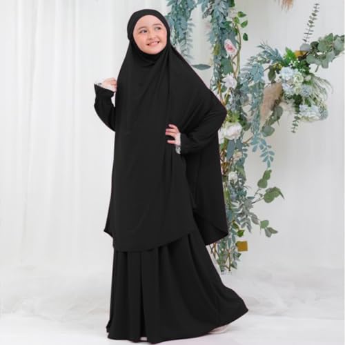 Image of Kids Girls Muslim Islamic Two-piece Outfits Lace Long Sleeve Hijab Dress Abaya and Loose Skirt Full Cover Kaftan