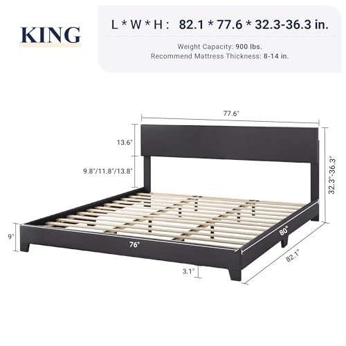 Allewie King Size Bed Frame with Adjustable Headboard, Faux Leather Platform Bed with Wood Slats, Heavy Duty Mattress Foundation, No Box Spring Needed, Noise-Free, Easy Assembly, Black