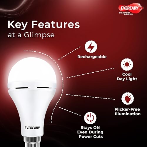 Image of Eveready Xtrabright Emergency Rechargeable 23W LED Bulb for Power Cut | Cool Day Light (6500K) | Energy Efficient | 3 Hour Battery Backup | B22 Base