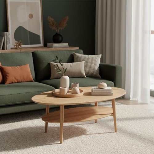 skølm Mjölnir Couchtisch oval – Wohnzimmertisch aus Eiche Massivholz – Sofatisch mit 2 Ablagen – kleiner Beistelltisch Natur geölt – Holztisch Wohnzimmer mit Stauraum – Coffee Tablen 70x110 cm – Bild 7