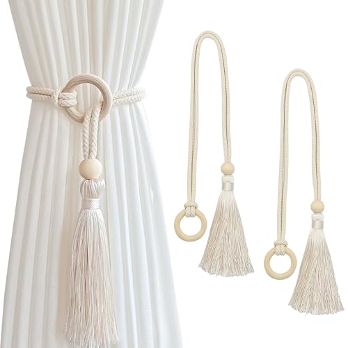 BSITSSS 2 PCS Alzapaños Cortinas, Moda Recoge Cortinas, Ajustable Sujeta Cortinas, Abrazaderas Cortinas Fleco Botón Redondo de Madera, Soporte Decorativo para Cortinas para Dormitorio Salón y Oficina