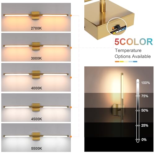 Image of TODOLUZ 40-Inch 5CCT 22W LED Bathroom Vanity Light Fixture, Brushed Brass 2700K-5500K Wall Sconce Lighting with Rotatable Lamp Tube